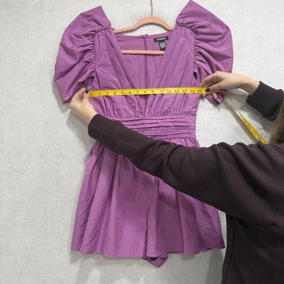 Express Romper Womens 2 Purple Puff Sleeve V Neck Mini Dress Conscious Edit - Picture 3 of 10